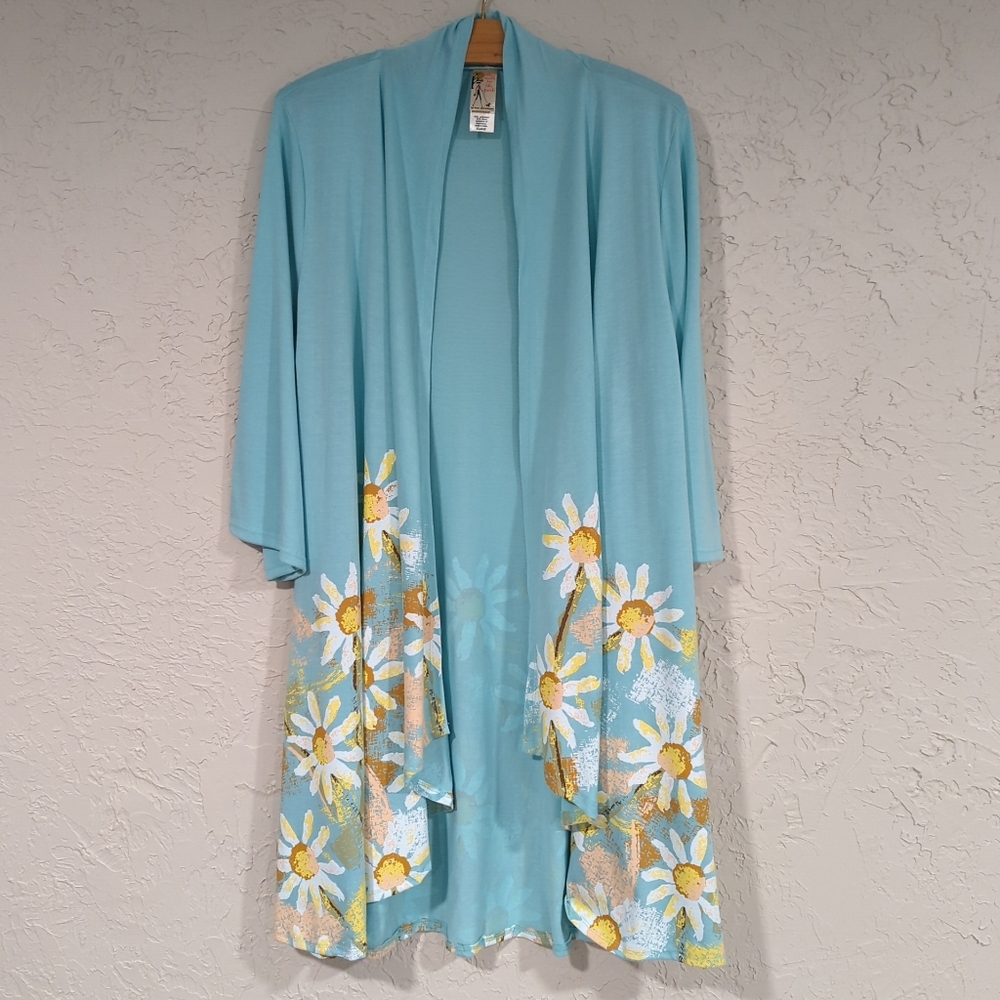 A Walk In The Park Aqua Blue Daisy 3/4 Shawl Cardigan Women's XL Lightweight